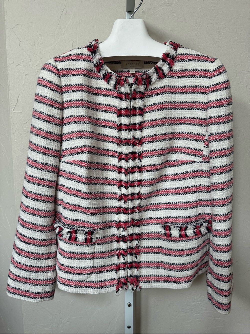 Talbots | NWT | Jacket | Soft White-Coral Pink-Black | Fringe Detail | 12P